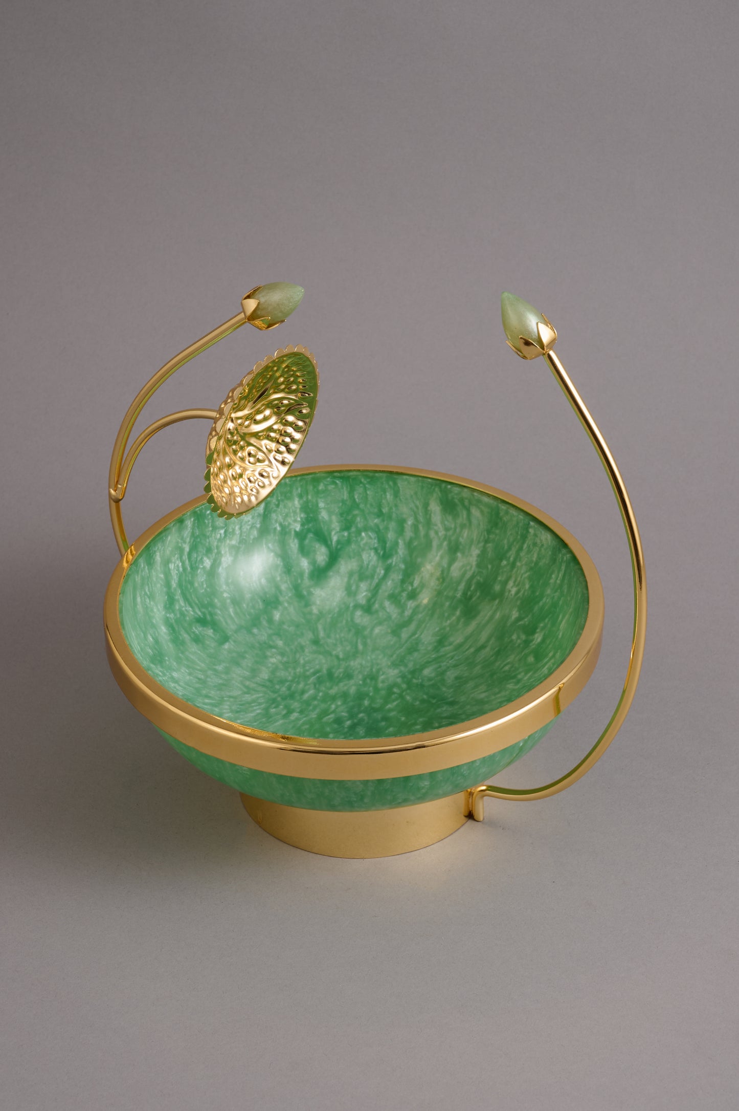 Gold & Green Decorative Bowl with Leaf Handles