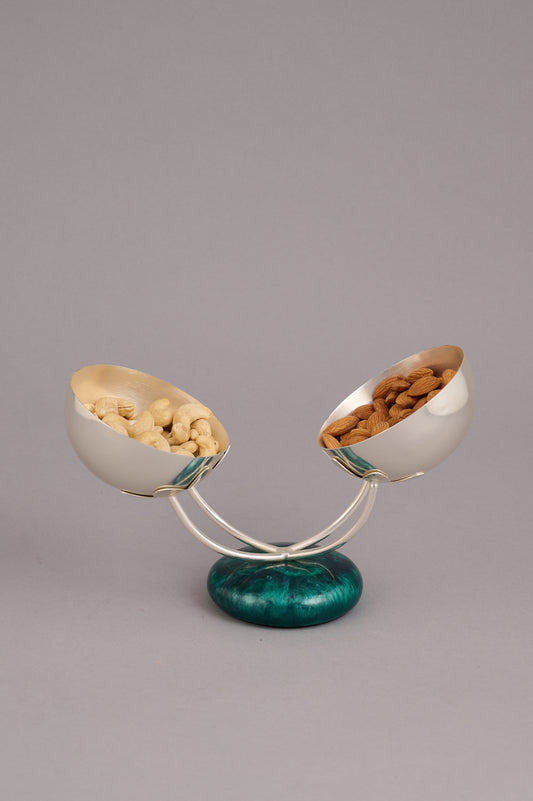Silver Dual Bowl on Green Base
