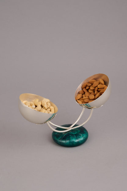 Silver Dual Bowl on Green Base