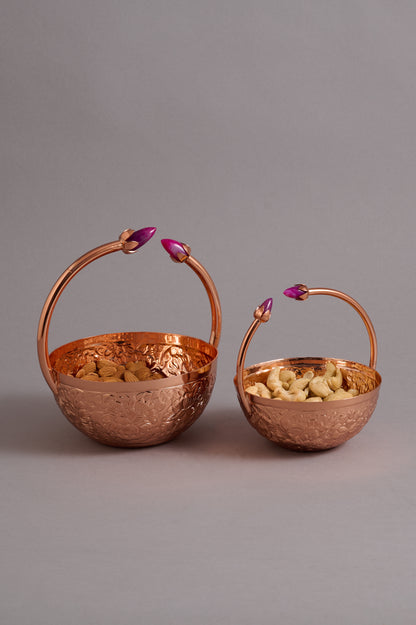 Copper Hammered Bowls with Gem Handles