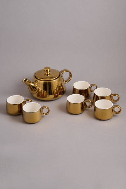 Gold-Plated Ceramic Tea Set (6 Cups + 1 Kettle)