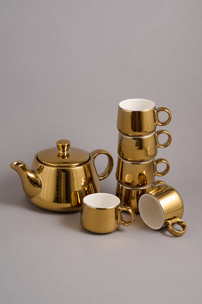 Gold-Plated Ceramic Tea Set (6 Cups + 1 Kettle)