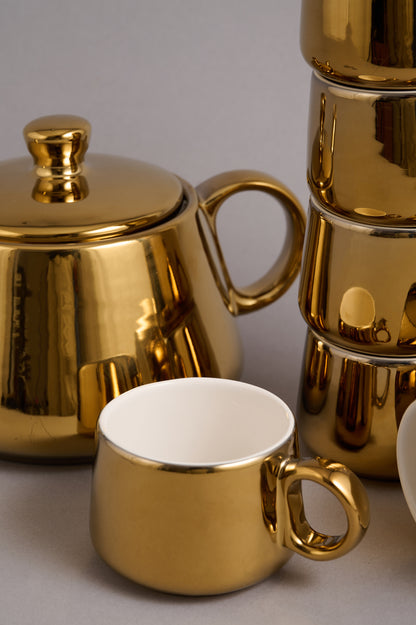 Gold-Plated Ceramic Tea Set (6 Cups + 1 Kettle)